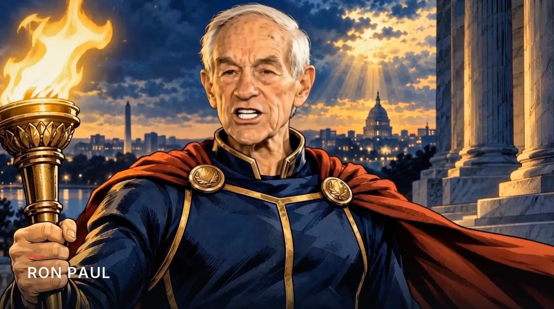 Illustration of Dr. Ron Paul holding a torch before the Washington skyline